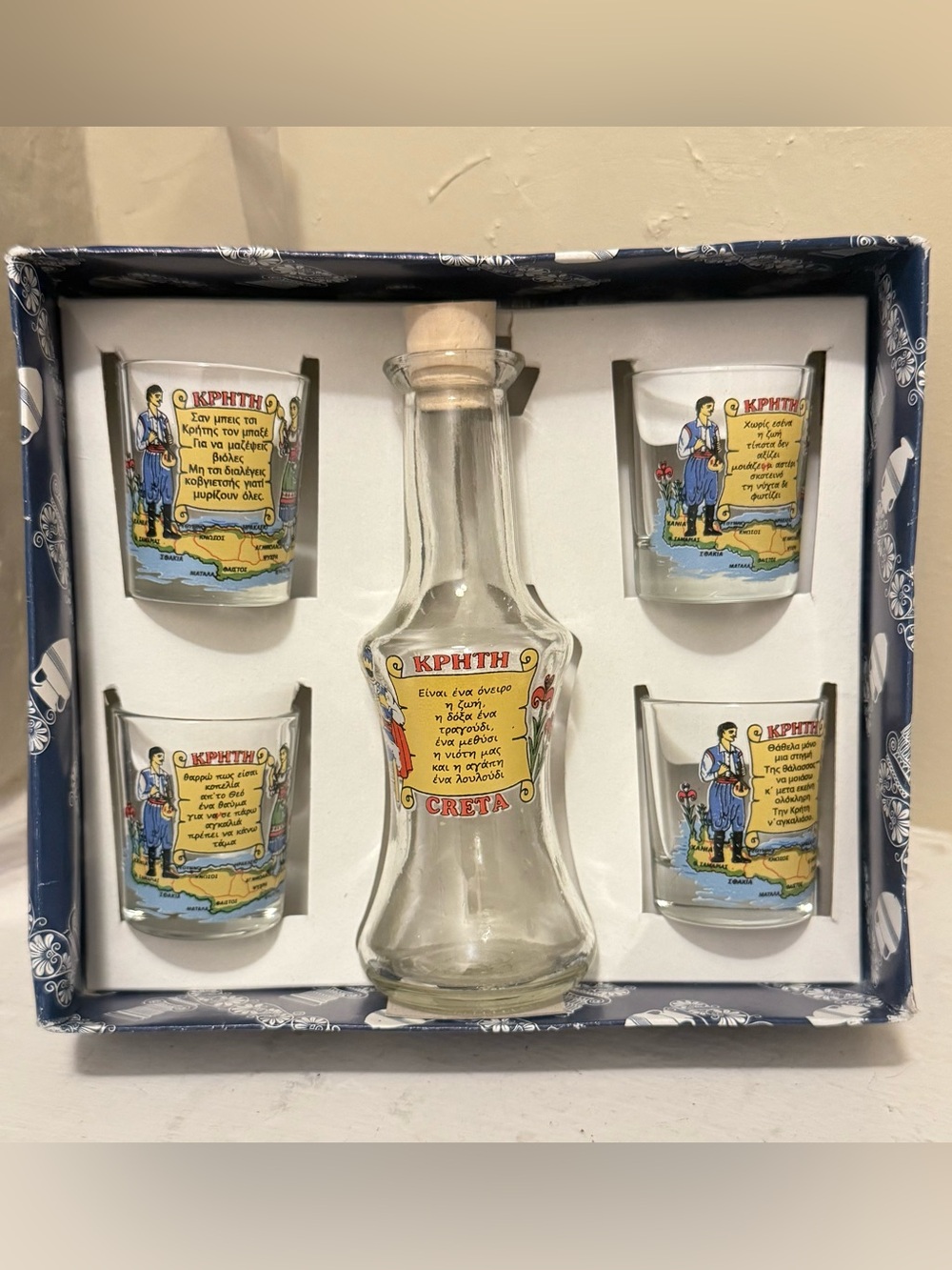 Creta Glass Decanter and Shot Glass Set - Clear with Colorful Crete Motif